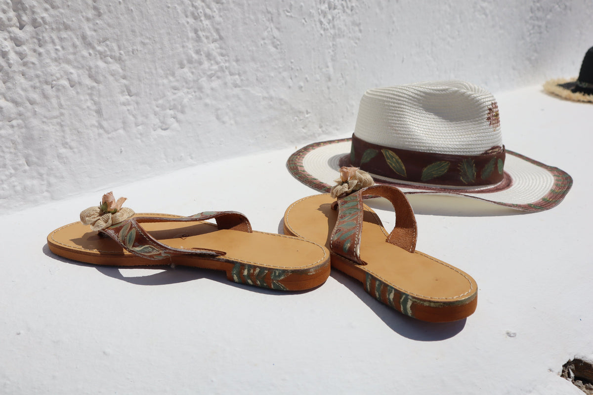 UNIQUE ARTISTIC LEATHER SANDALS TILOS ON NATURAL STONE - MUSES GREEKART